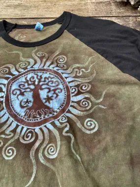 Tree of Life Rises From Ash Black Raglan 3/4 Sleeve Batik Top - Size 2X ONLY