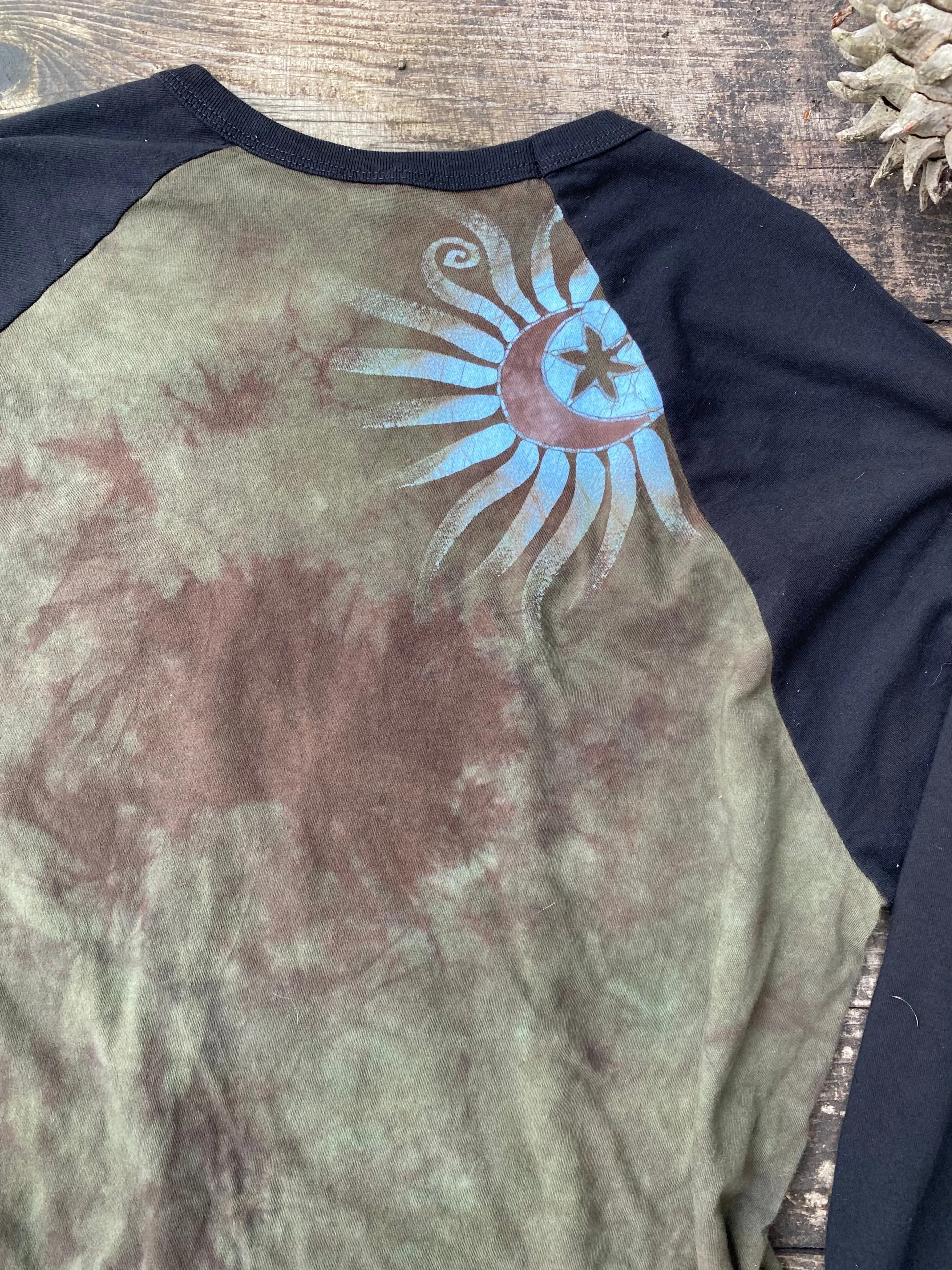 Tree of Life Rises From Ash Black Raglan 3/4 Sleeve Batik Top - Size 2X ONLY