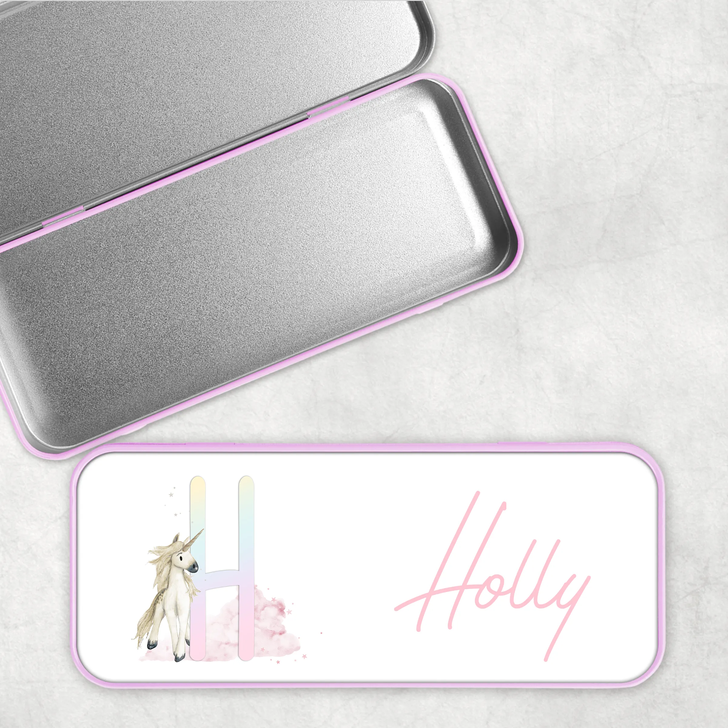 Unicorn Rainbow Personalised School Pencil Tin