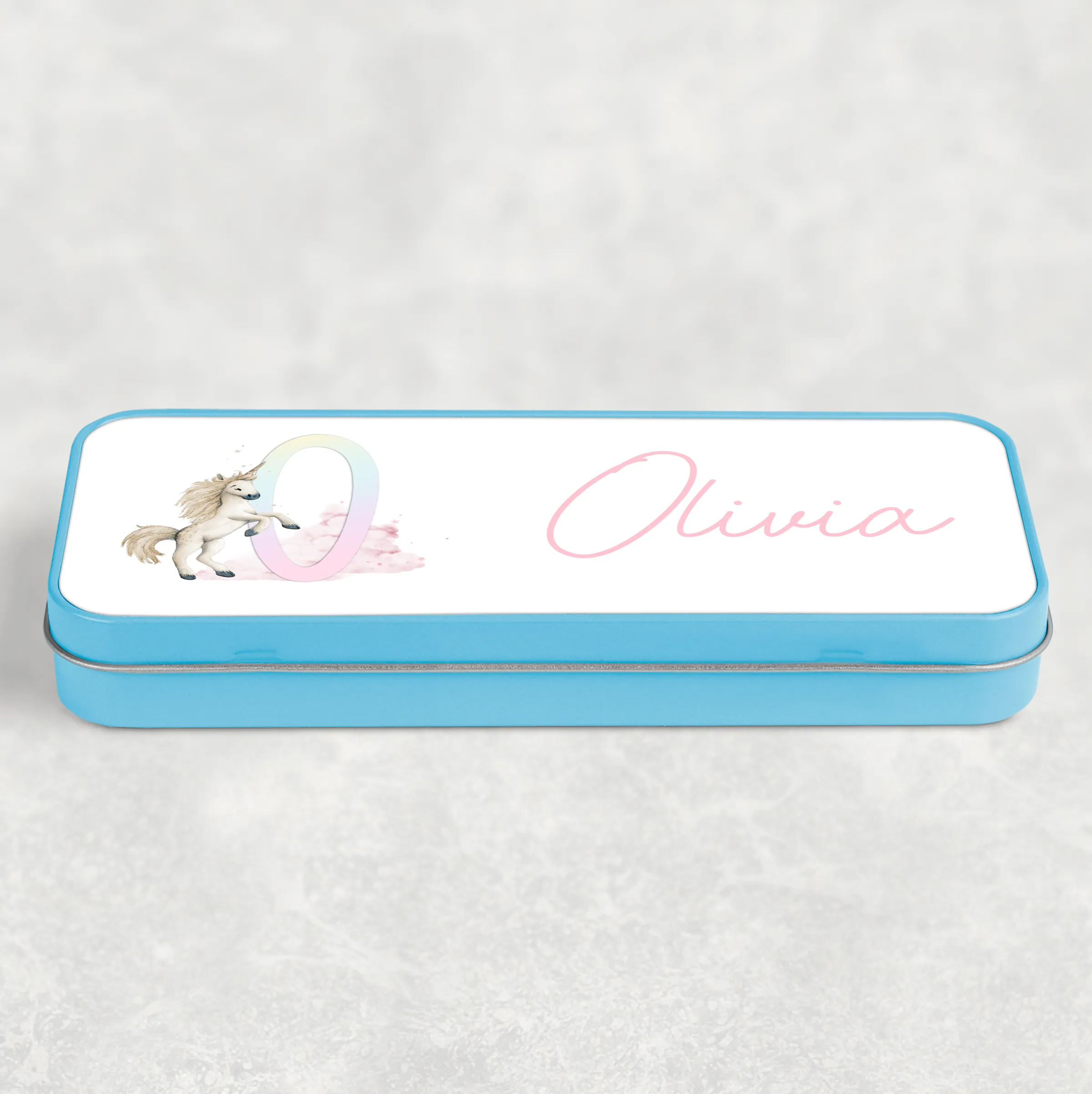 Unicorn Rainbow Personalised School Pencil Tin