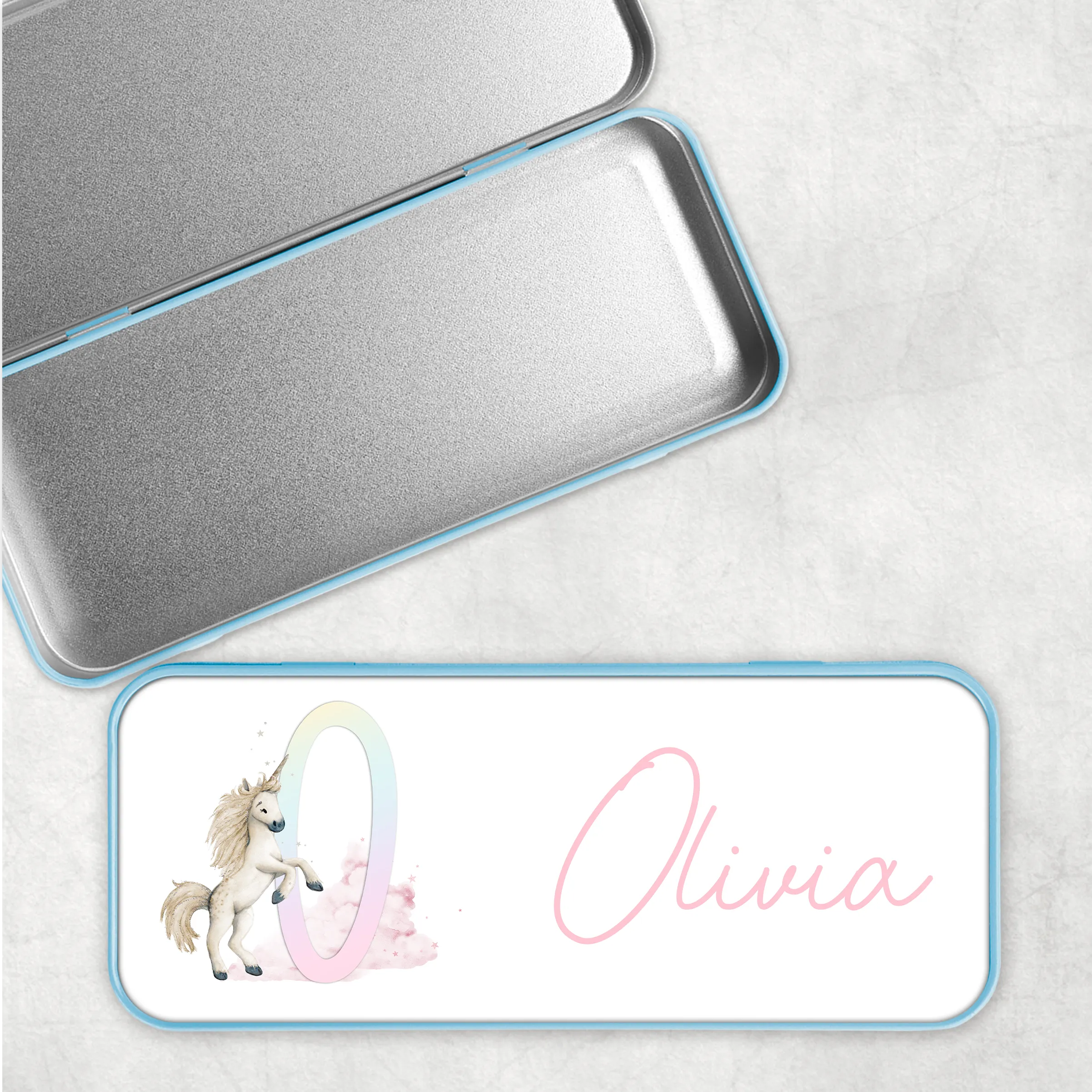 Unicorn Rainbow Personalised School Pencil Tin