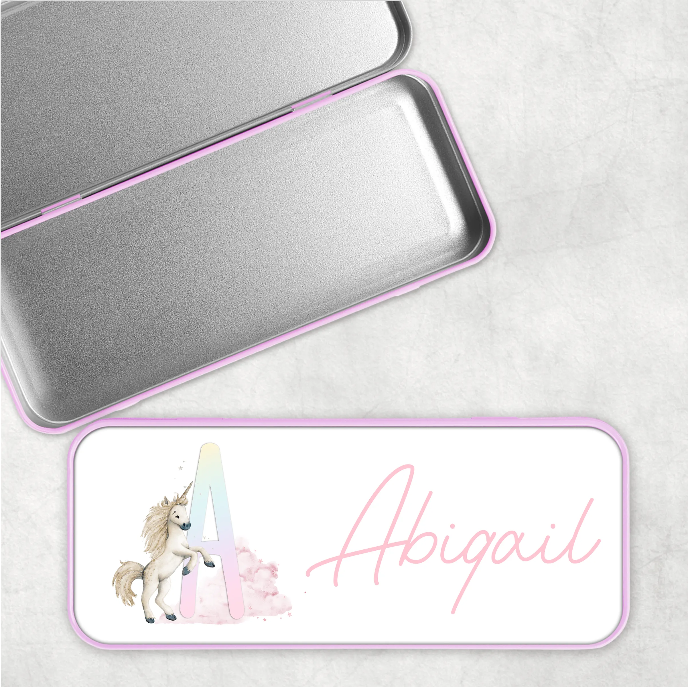 Unicorn Rainbow Personalised School Pencil Tin