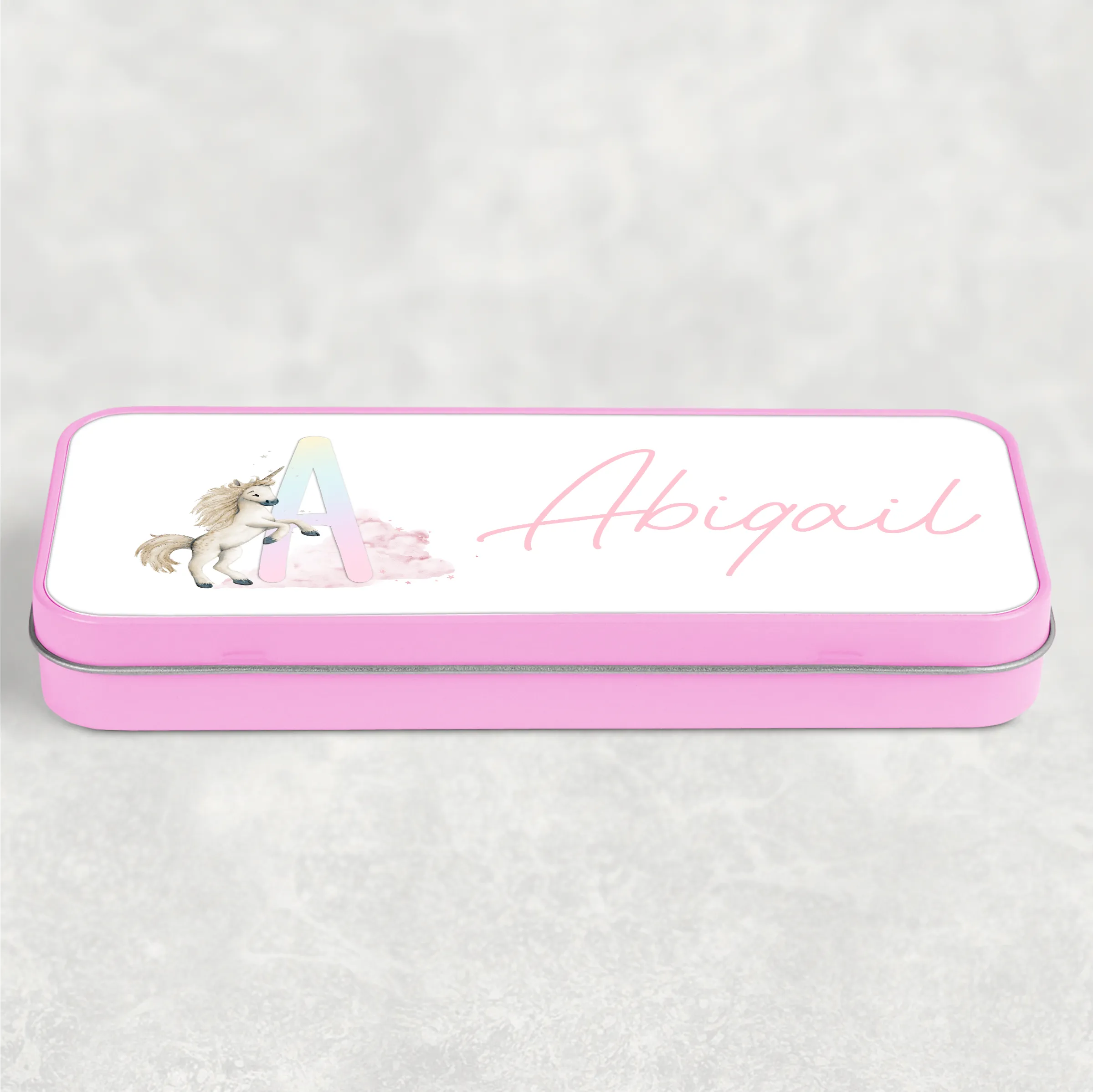 Unicorn Rainbow Personalised School Pencil Tin