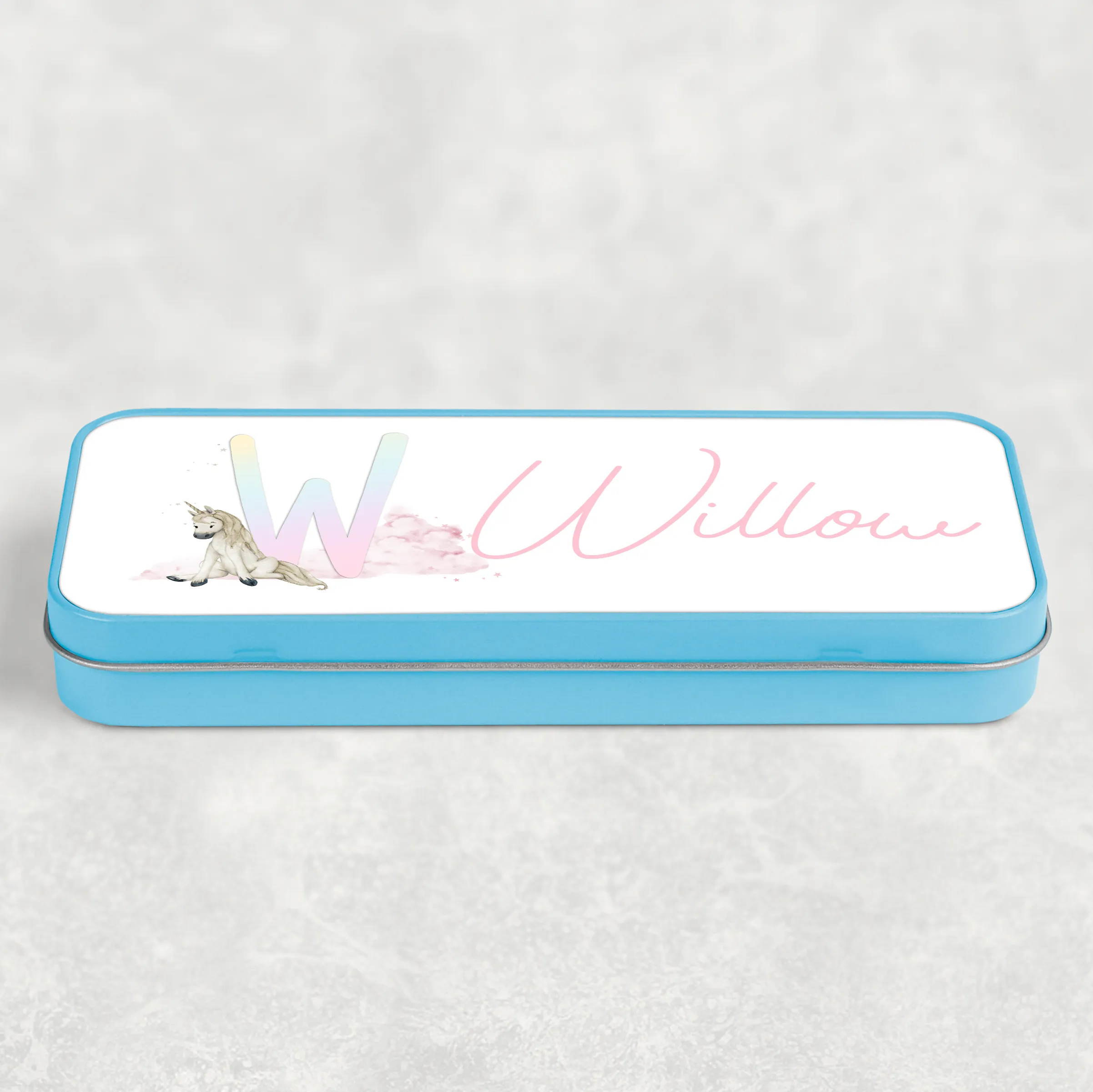 Unicorn Rainbow Personalised School Pencil Tin