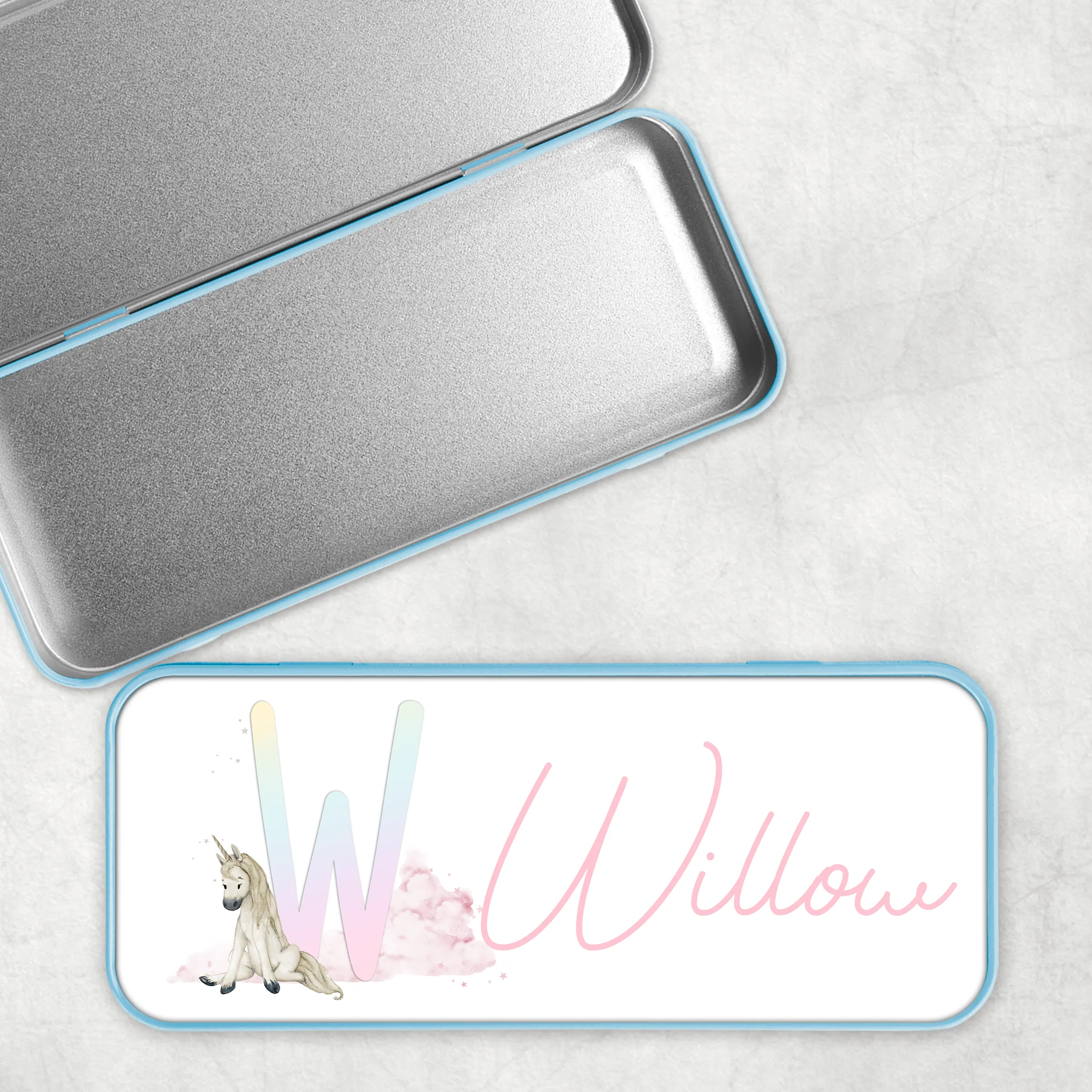 Unicorn Rainbow Personalised School Pencil Tin