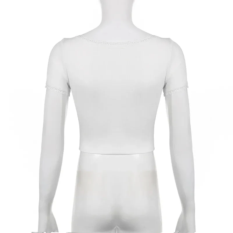V Neck Lace Trim White Crop Tops Women Knit Summer T-shirts for Women Korean Fashion Cute Slim Tee Shirt y2k Clothes