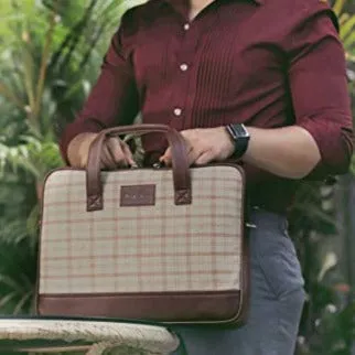 Vegan and Tweed Laptop Messenger Bag - Beige Big Checks