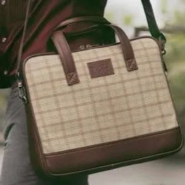 Vegan and Tweed Laptop Messenger Bag - Beige Big Checks