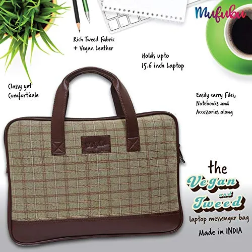Vegan and Tweed Laptop Messenger Bag - Beige Big Checks