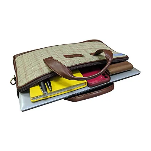 Vegan and Tweed Laptop Messenger Bag - Beige Big Checks