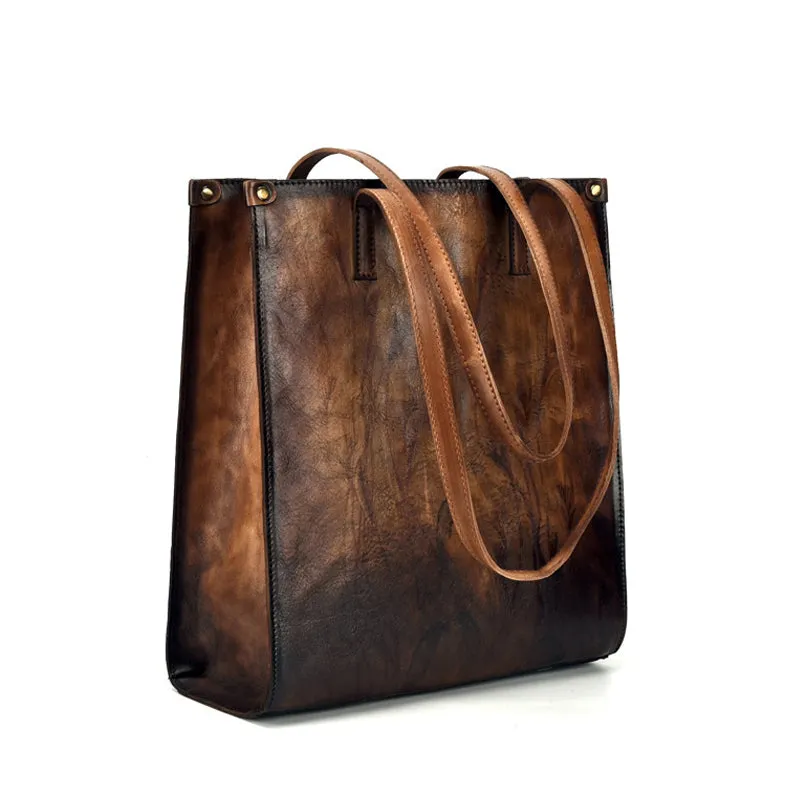 Vintage Womens Genuine Leather Tote Handbags Brush Off Leather Shoulder Purse For Women