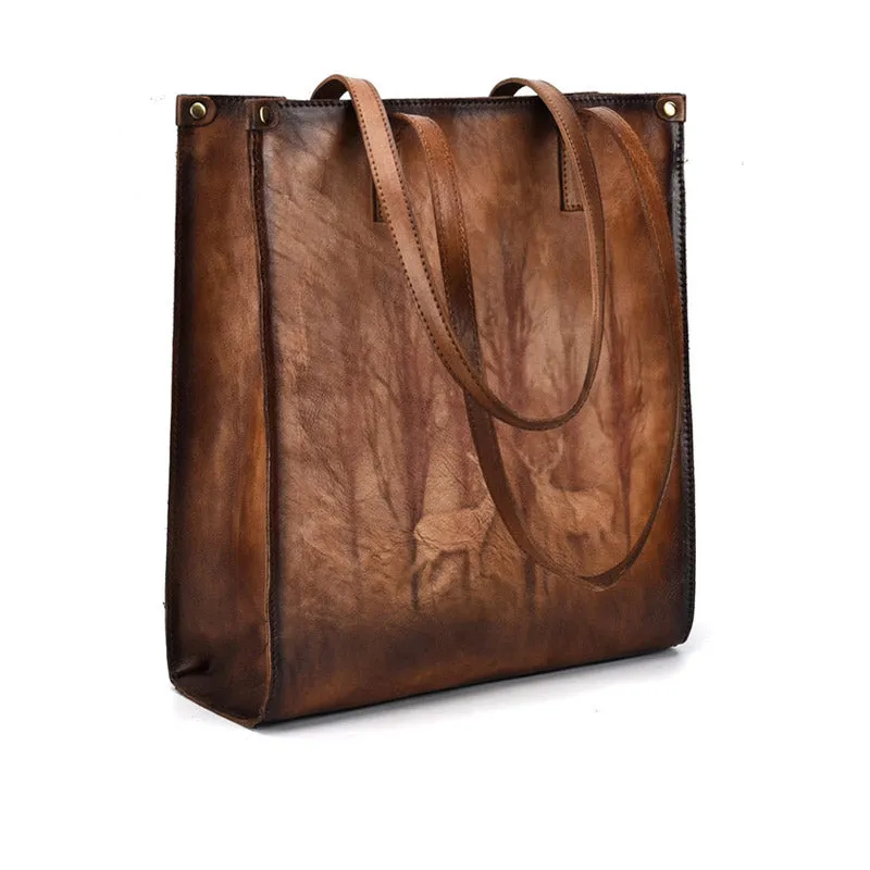 Vintage Womens Genuine Leather Tote Handbags Brush Off Leather Shoulder Purse For Women