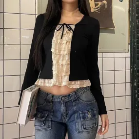 Y2K Vintage Lace Patchwork Women T-shirts Slim Korean Style Ruffles Tie Up Cute Tee Cottagecore Autumn Tops Contrast